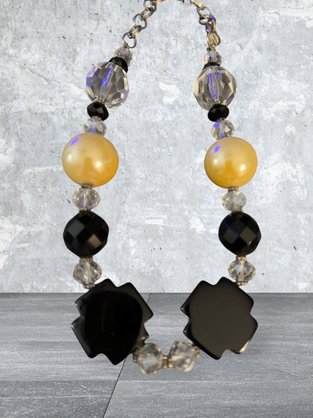 Vintage Chunky Statement Necklace | Black & Champagne Pearl Beads